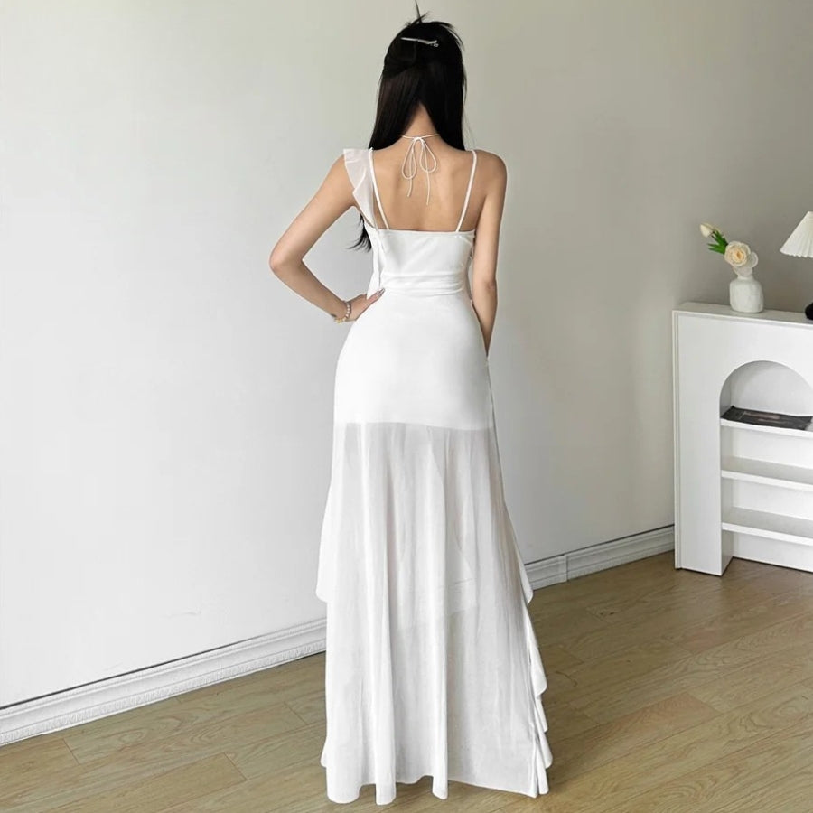 Asymmetrical Ruffle Strap V-Neck Tiered High-Low Chiffon Maxi Dress