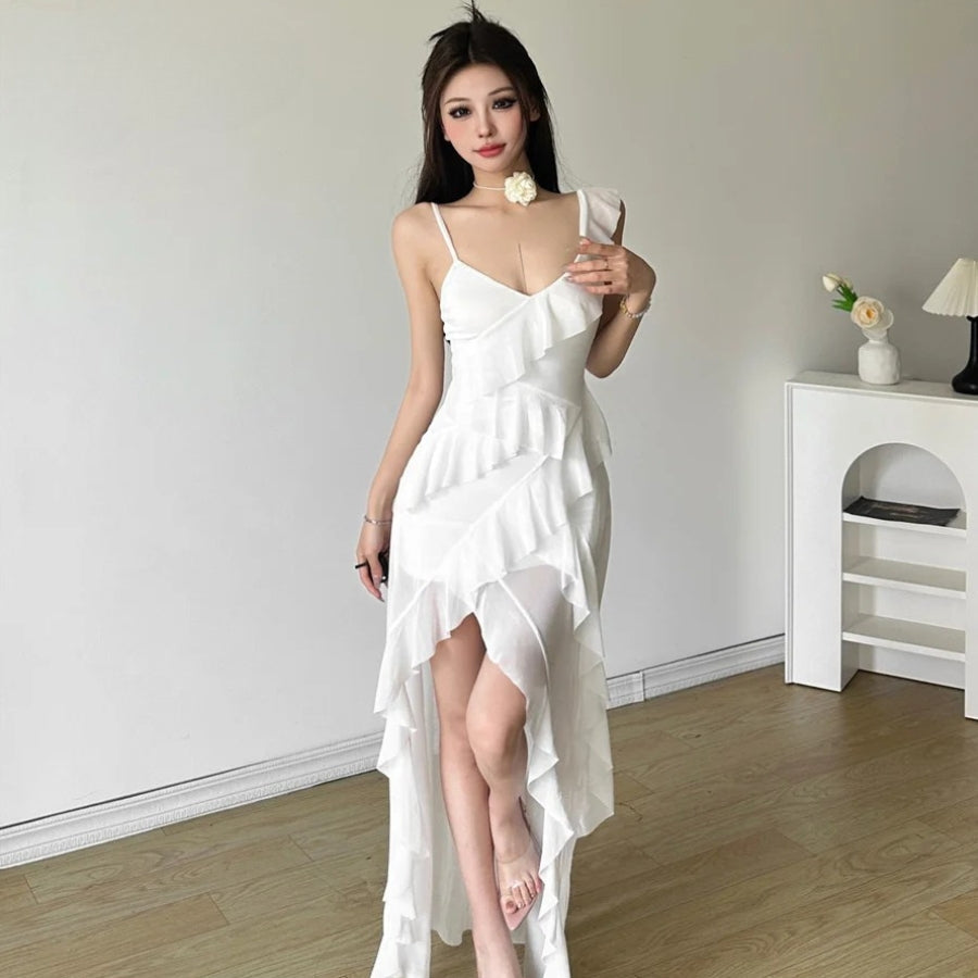 Asymmetrical Ruffle Strap V-Neck Tiered High-Low Chiffon Maxi Dress