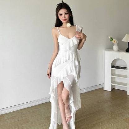 Asymmetrical Ruffle Strap V-Neck Tiered High-Low Chiffon Maxi Dress