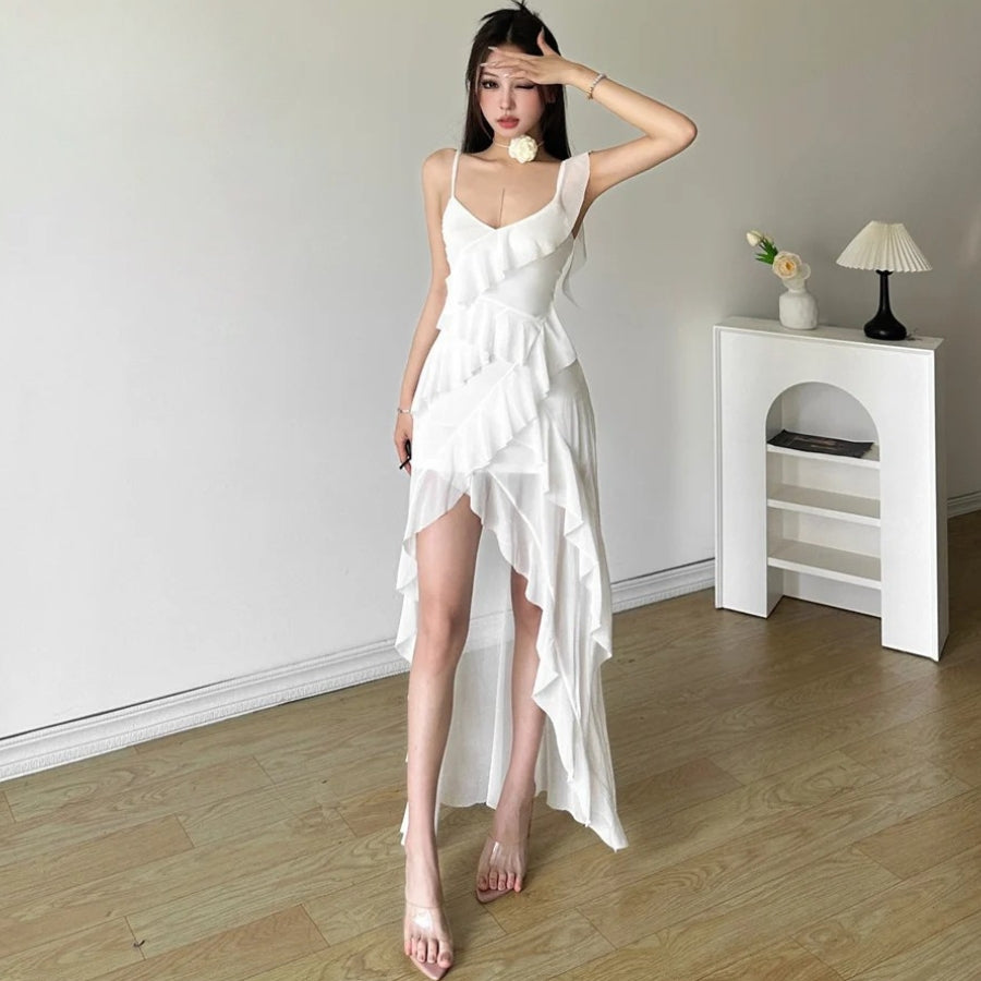 Asymmetrical Ruffle Strap V-Neck Tiered High-Low Chiffon Maxi Dress