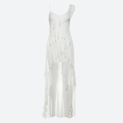 Asymmetrical Ruffle Strap V-Neck Tiered High-Low Chiffon Maxi Dress