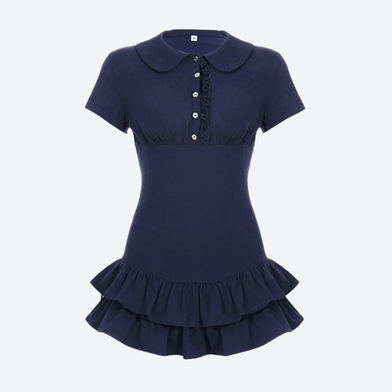 Polo Collar Button Front Ruffle Trim Empire Waist Tiered Ruffle Mini Dress