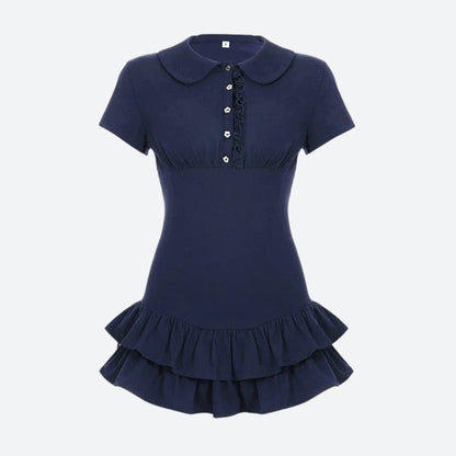 Polo Collar Button Front Ruffle Trim Empire Waist Tiered Ruffle Mini Dress