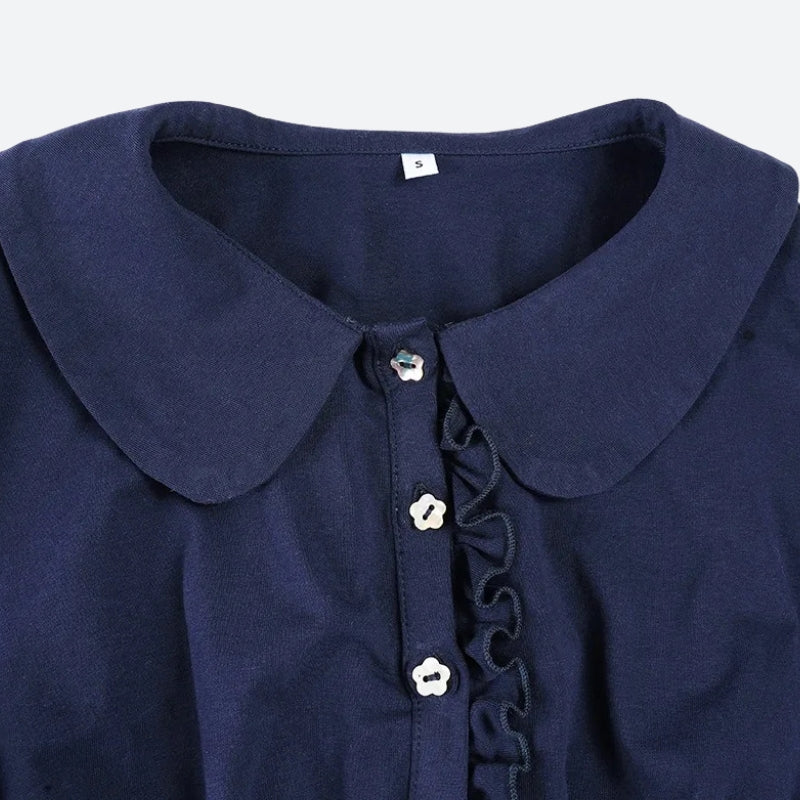 Polo Collar Button Front Ruffle Trim Empire Waist Tiered Ruffle Mini Dress