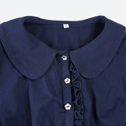 Polo Collar Button Front Ruffle Trim Empire Waist Tiered Ruffle Mini Dress