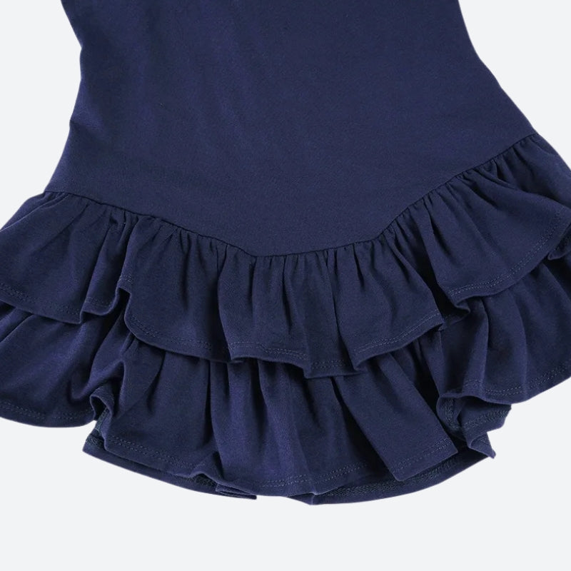 Polo Collar Button Front Ruffle Trim Empire Waist Tiered Ruffle Mini Dress