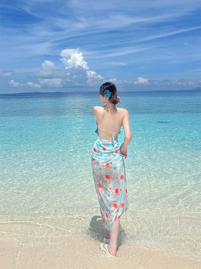 Ruffled Floral Split Maxi Dress Feminine Open-Back Summer Beach Dress