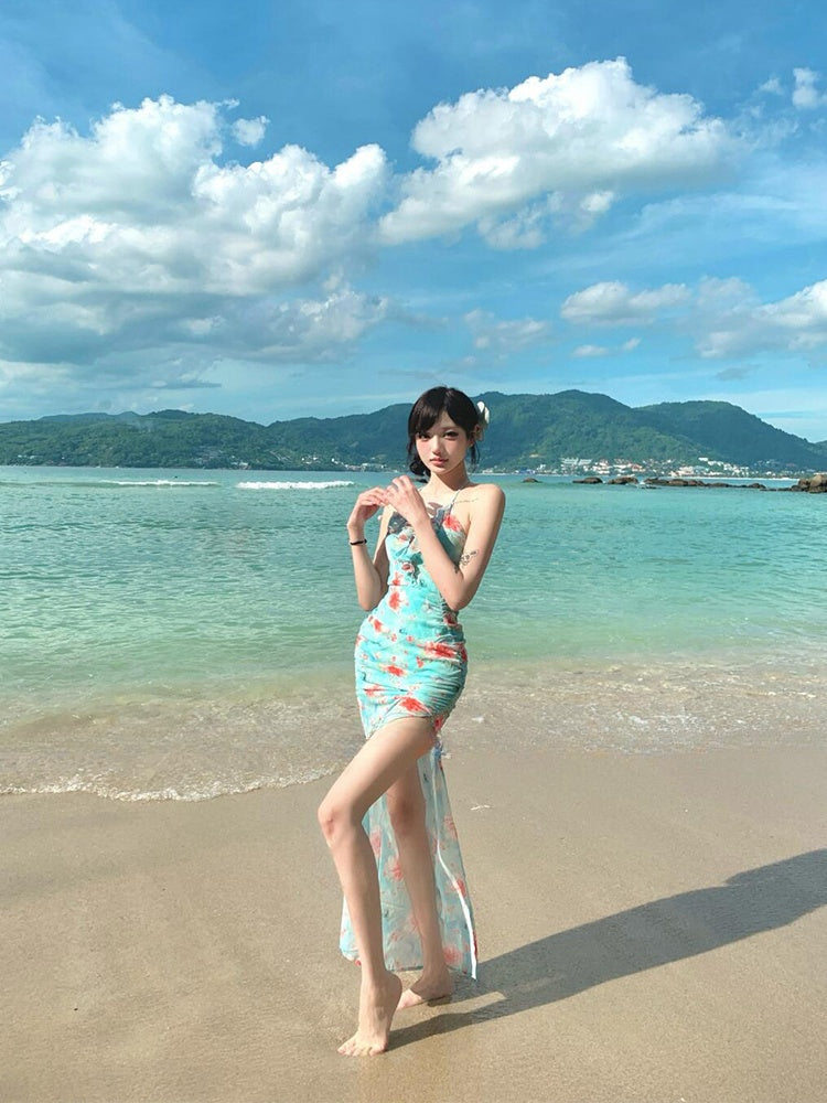 Ruffled Floral Split Maxi Dress Feminine Open-Back Summer Beach Dress