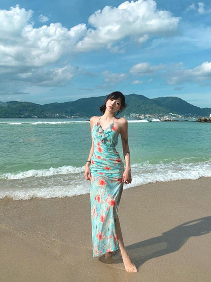 Ruffled Floral Split Maxi Dress Feminine Open-Back Summer Beach Dress