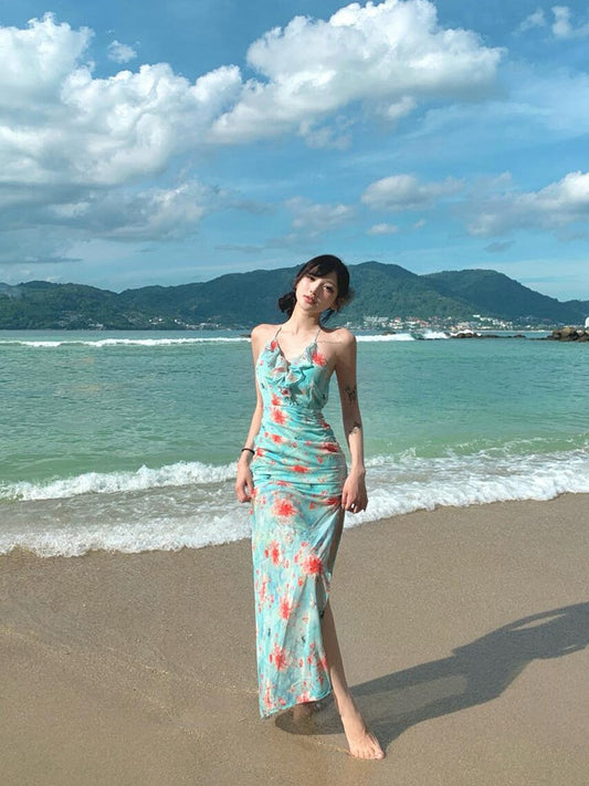 Ruffled Floral Split Maxi Dress Feminine Open-Back Summer Beach Dress