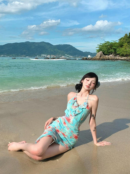 Ruffled Floral Split Maxi Dress Feminine Open-Back Summer Beach Dress