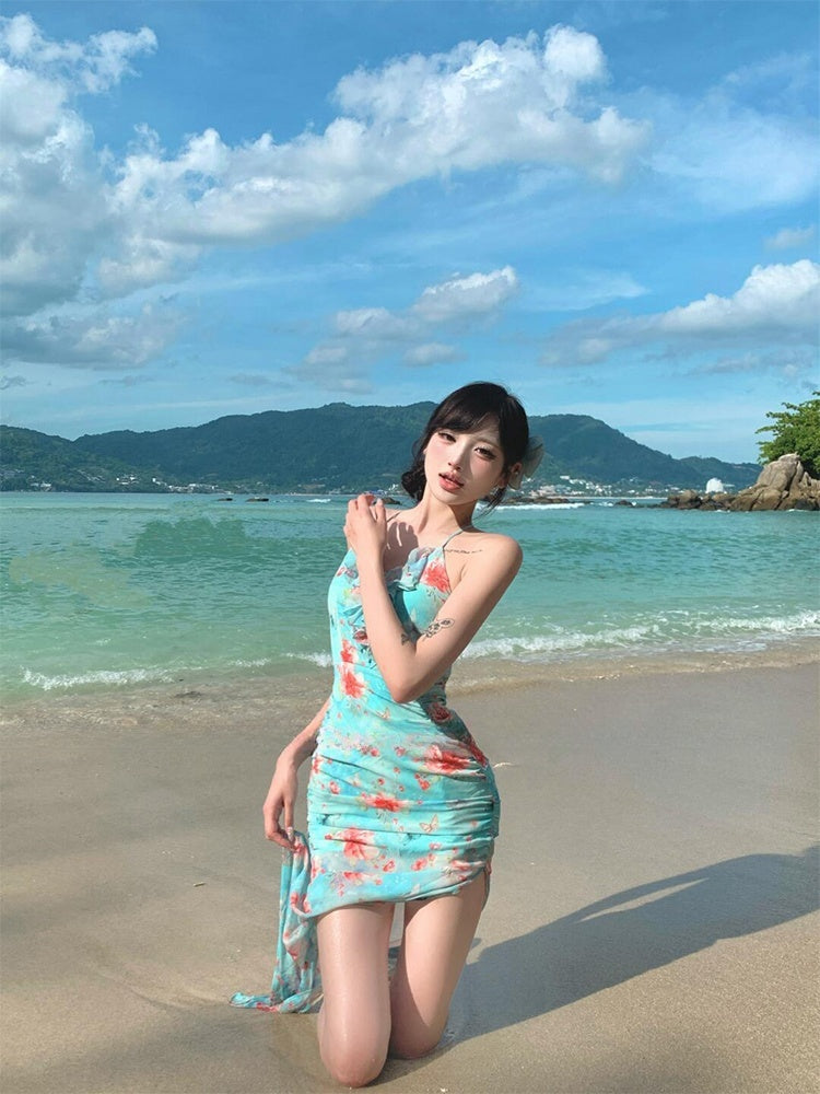 Ruffled Floral Split Maxi Dress Feminine Open-Back Summer Beach Dress