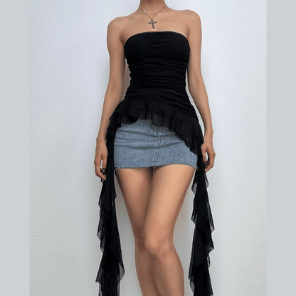 Ruffle mesh ruched irregular solid tube top