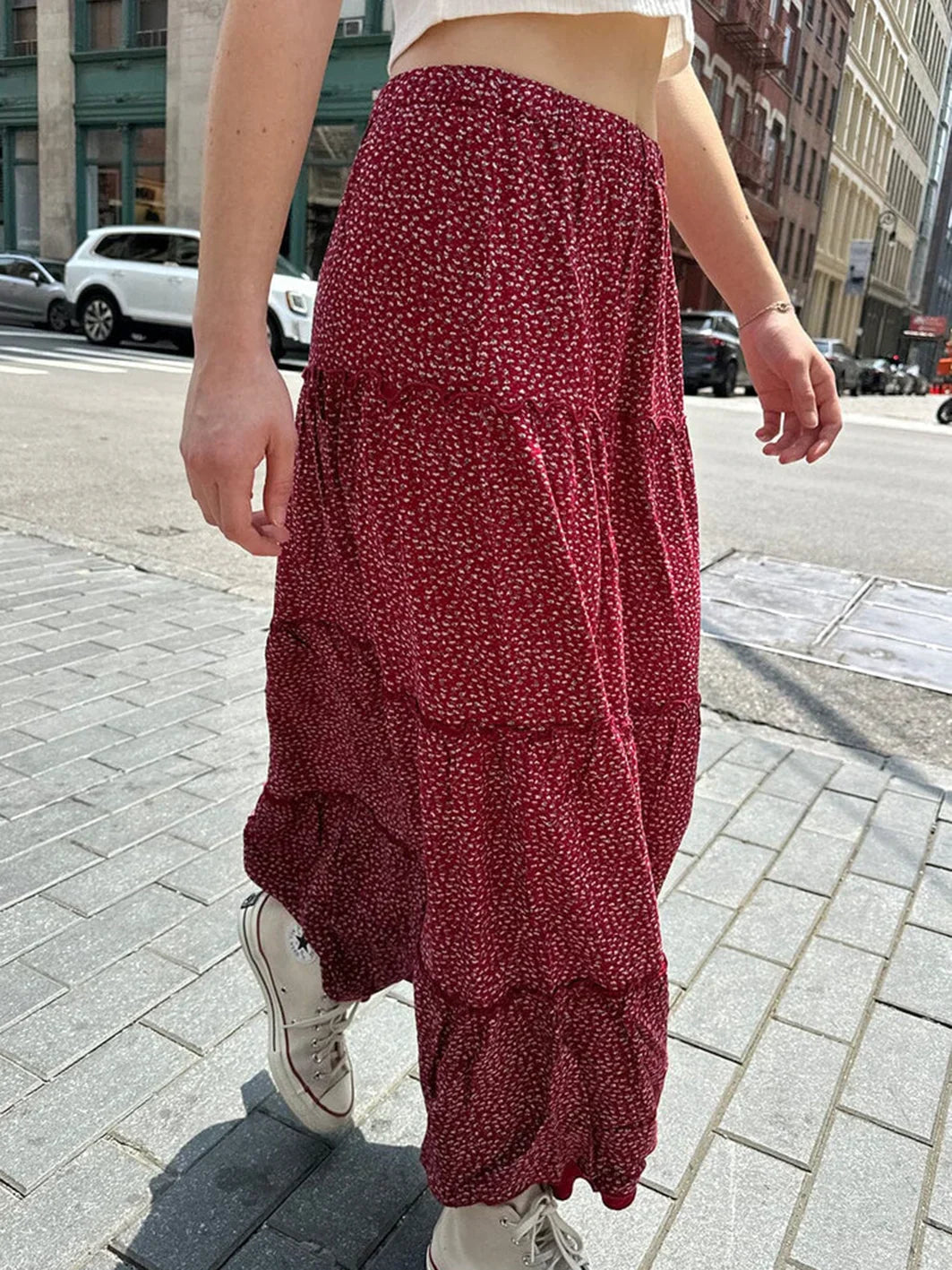 Ruffled Floral Red High Waist A-Line Skirt