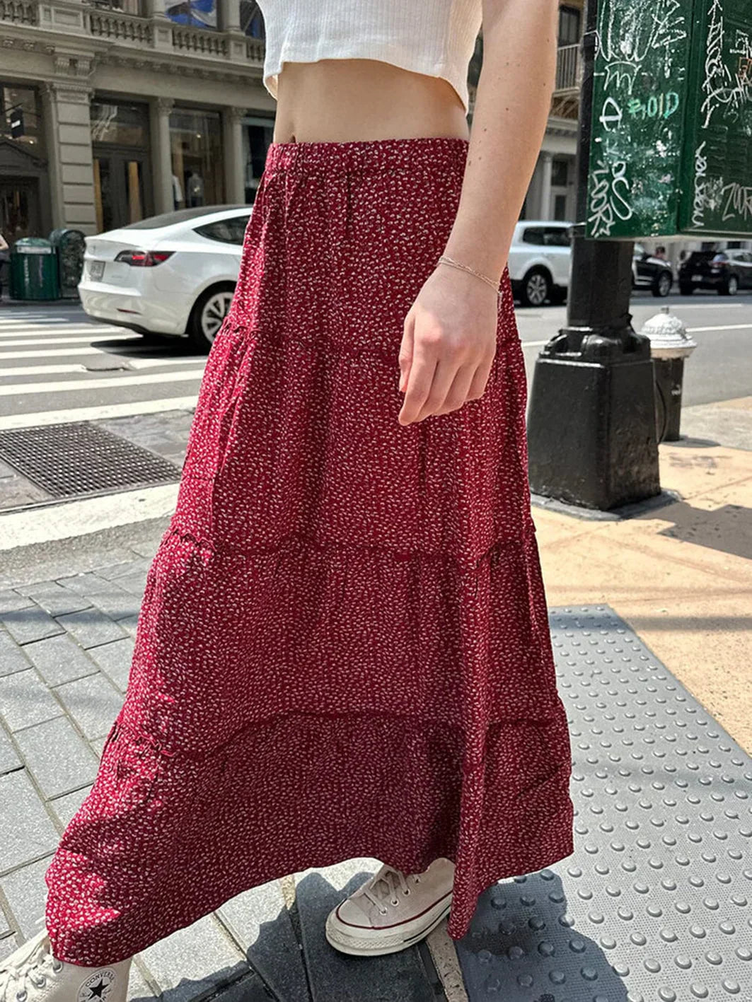 Ruffled Floral Red High Waist A-Line Skirt