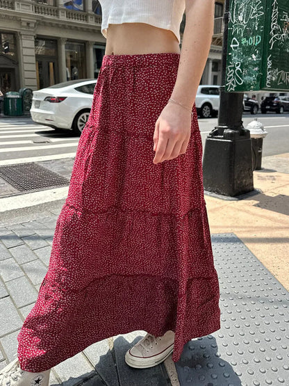 Ruffled Floral Red High Waist A-Line Skirt