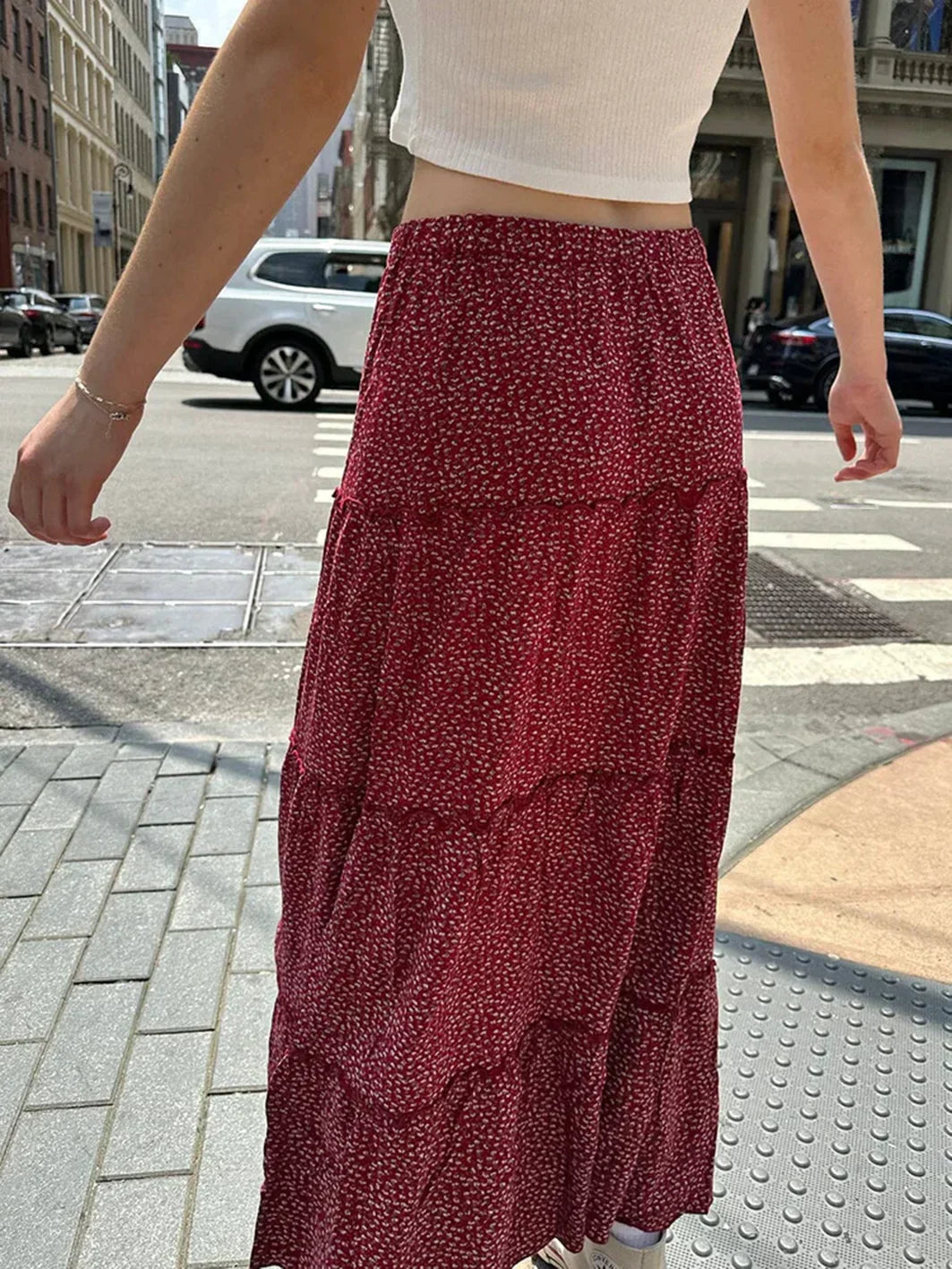 Ruffled Floral Red High Waist A-Line Skirt