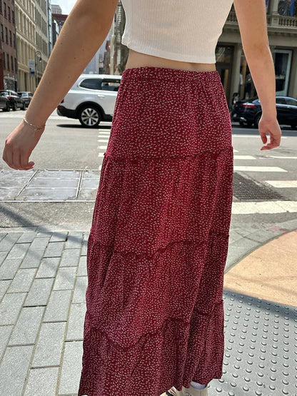 Ruffled Floral Red High Waist A-Line Skirt