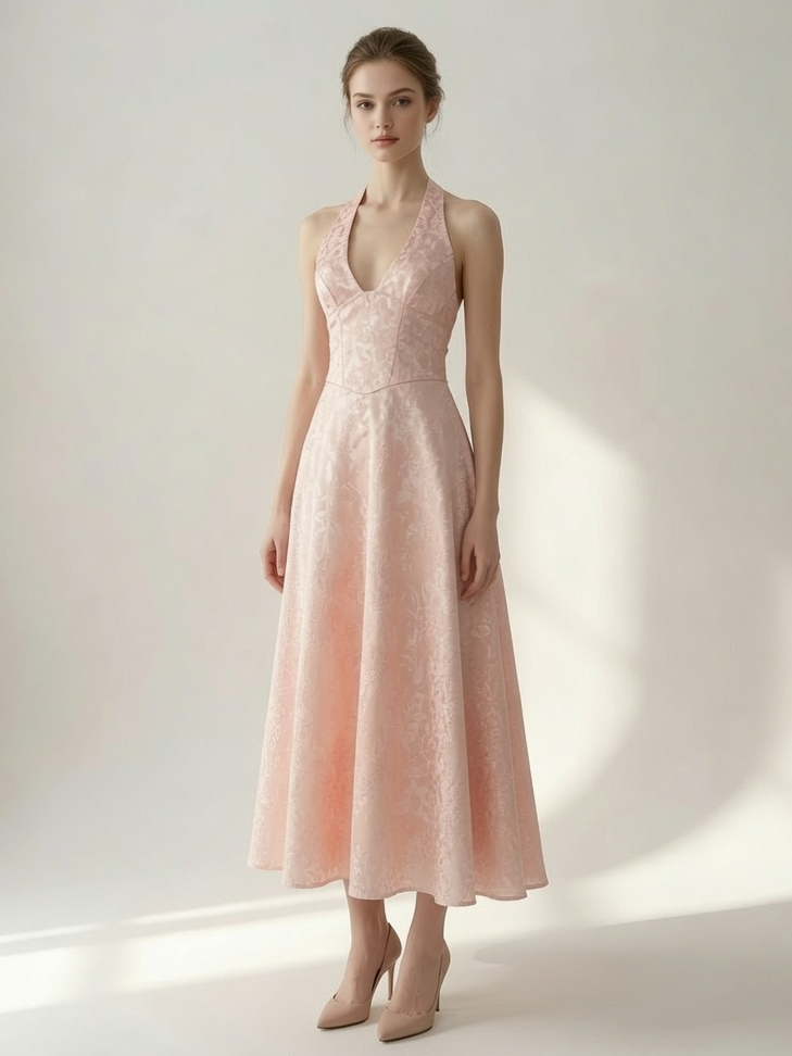 Soft Pink Floral Midi Dress Halter Summer A-line Vintage Dress For Women 2026
