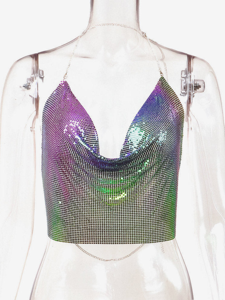 Sexy Straps Halter Metal Tops Sequin Clubwear Tops Sliver Sleeveless Spaghetti Straps Cami Draped Crop For Women