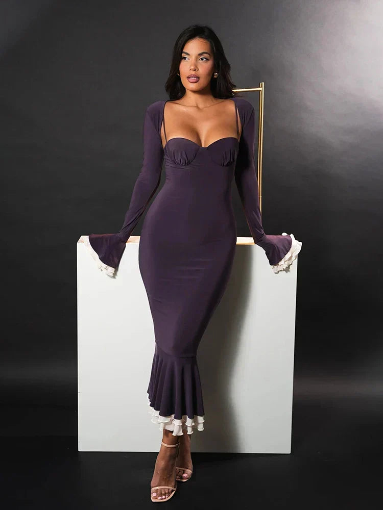 Spaghetti Strap Sweetheart Bolero Bell Sleeve Ruffle Fishtail Midi Dress