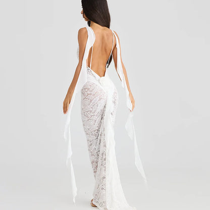 Lace Backless Spaghetti Strap Trailing Ribbon Ruffle Maxi Dress