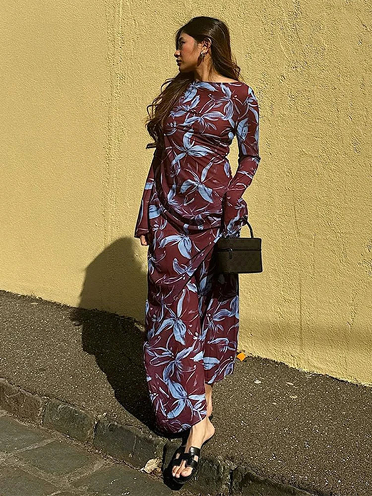 Retro Printed O-neck Holiday Dress Women Elegant Full Sleeve Waist-cinching Long Dresses Female 2025 Summer Chic Street Vestidos