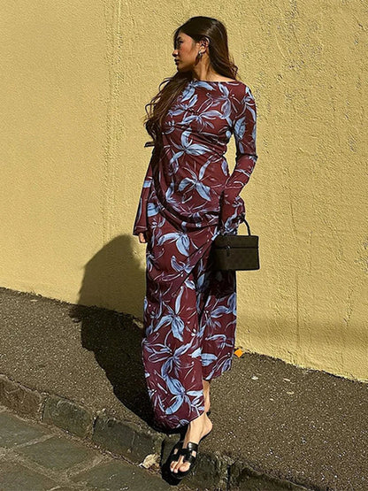 Retro Printed O-neck Holiday Dress Women Elegant Full Sleeve Waist-cinching Long Dresses Female 2025 Summer Chic Street Vestidos