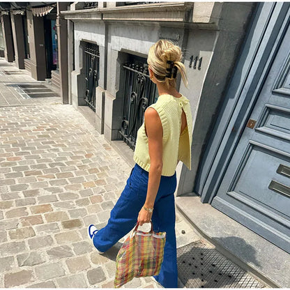Women's Round Neck Knitted Backless Yellow Top – Open Back Summer Blouse