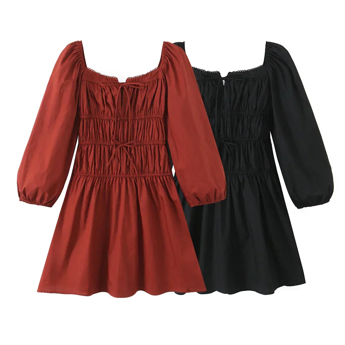 Square Neck Bow Tie Puff Sleeve Smocked Waist Mini Dress