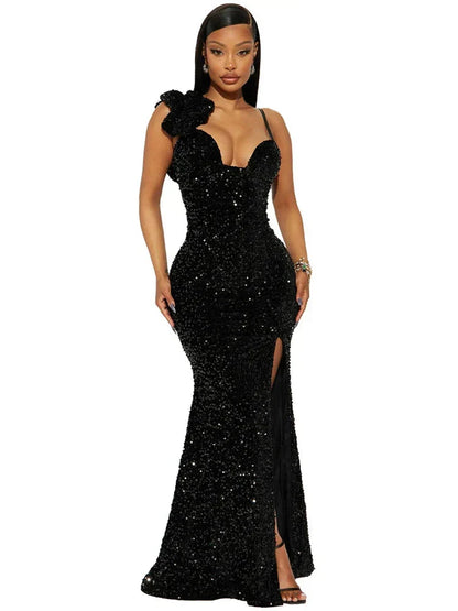 Sequin Sweetheart One Shoulder 3D Rosette High Slit Maxi Dress