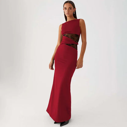 One Shoulder Lace Panel Waist Cutout Bodycon Maxi Dress