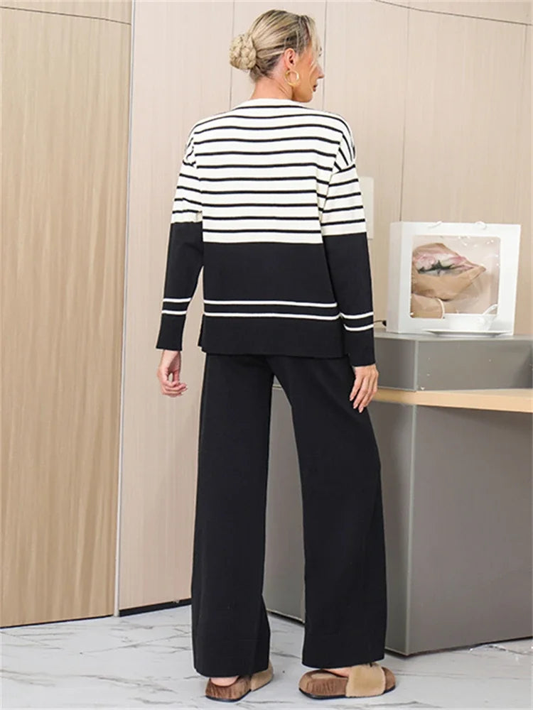 Black - Striped Knitted Loose Two Piece Set
