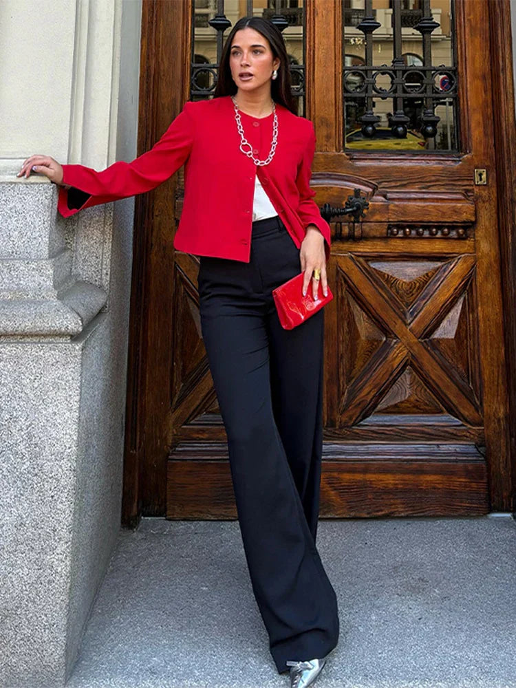 Elegant Slim Fit Women's Jacket Round Neck Single Breasted Long Sleeve Short Jackets Fashion Solid Color Casual Coat Outerwears