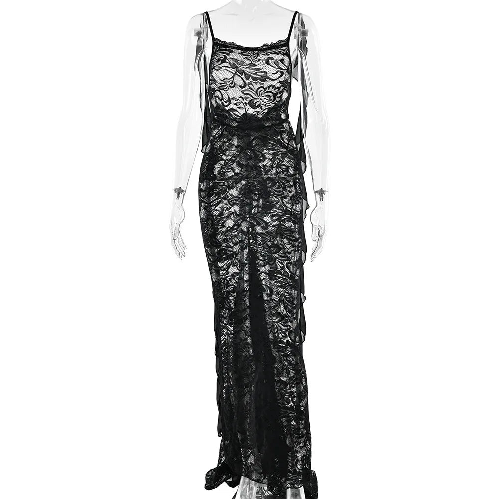 Lace Backless Spaghetti Strap Trailing Ribbon Ruffle Maxi Dress