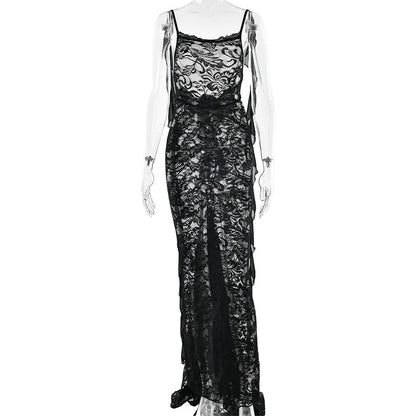 Lace Backless Spaghetti Strap Trailing Ribbon Ruffle Maxi Dress