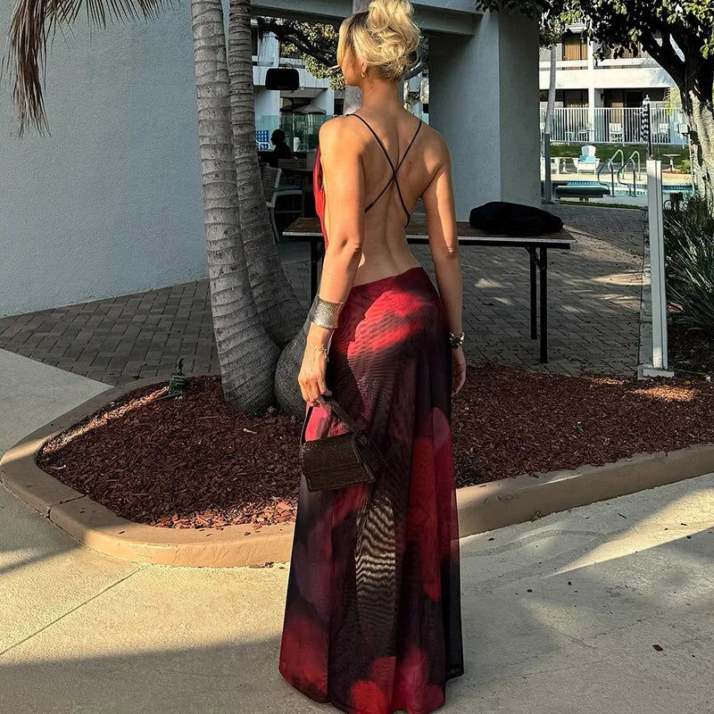 Plunging Halter Ring Detail Side Cutout High Slit Maxi Dress
