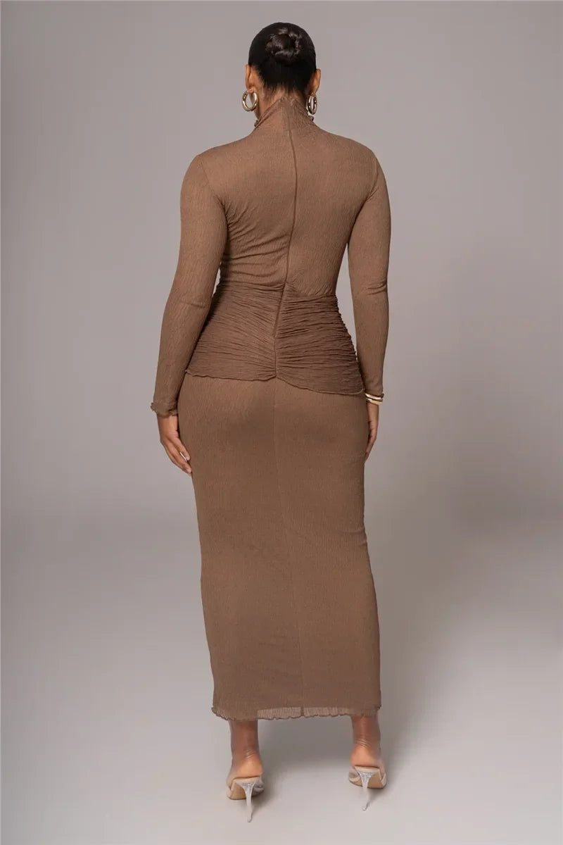 Mock Neck Long Sleeve Textured Knit Waist Tie Two Piece Set