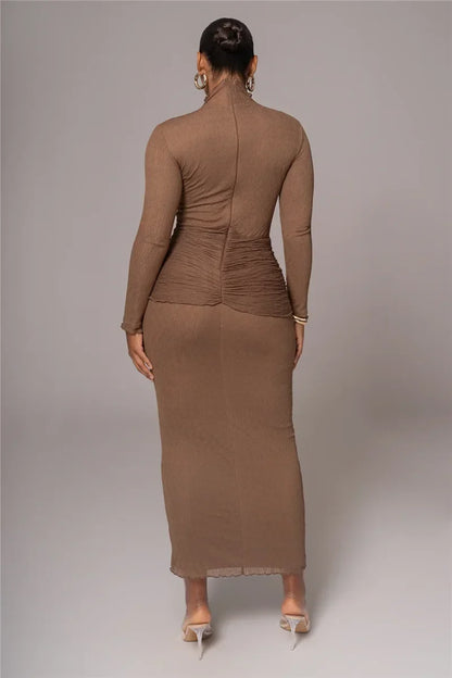 Mock Neck Long Sleeve Textured Knit Waist Tie Two Piece Set