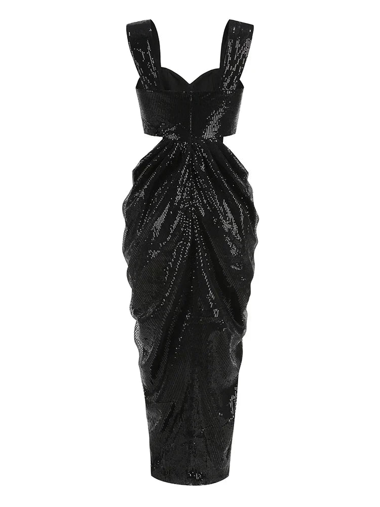 Sequin Square Neck Waist Cutout 3D Floral Applique Draped Wrap Slit Maxi Dress