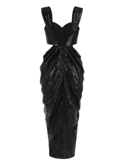 Sequin Square Neck Waist Cutout 3D Floral Applique Draped Wrap Slit Maxi Dress