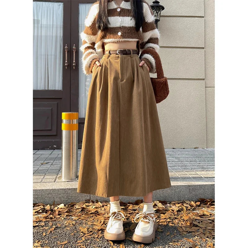 AmyVictoria | Classic Belt Corduroy Midi Skirt