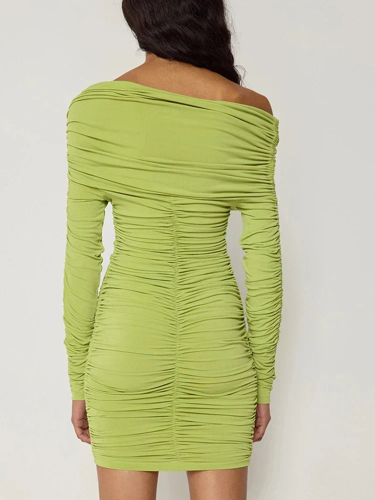 Asymmetric Neck Ruched Gathered Long Sleeve Bodycon Mini Dress