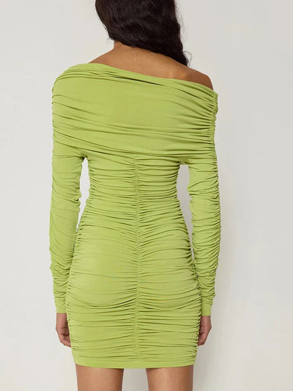 Asymmetric Neck Ruched Gathered Long Sleeve Bodycon Mini Dress