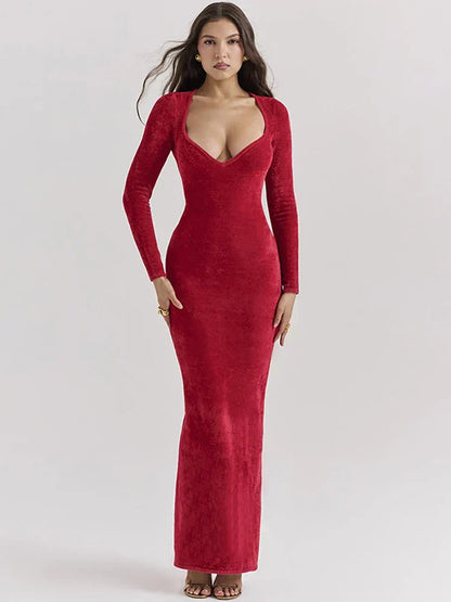 Deep V Sweetheart Long Sleeve Velvet Bodycon Maxi Dress