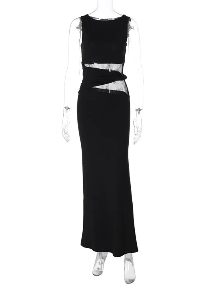 One Shoulder Lace Panel Waist Cutout Bodycon Maxi Dress
