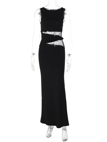 One Shoulder Lace Panel Waist Cutout Bodycon Maxi Dress