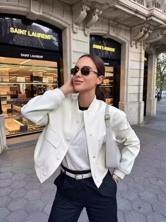 Basic Stand Collar Women Jacket Long Sleeve Cardigan Button Up Cropped Coat Baseball Outerwear Autumn Winter Clothes