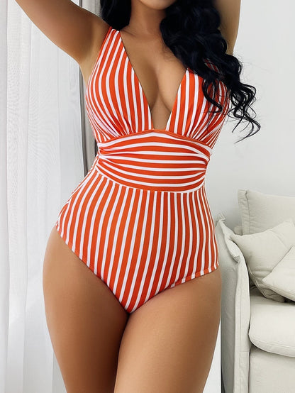Women's Striped V-Neck One-Piece Swimsuit – Sleeveless Elegant Swimwear