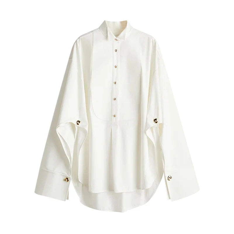 Elegant Irregular Women's Blouse Women Lapel Single Breasted Long Sleeve Shirt Lady Casual 2025 Spring New France Style Shirts